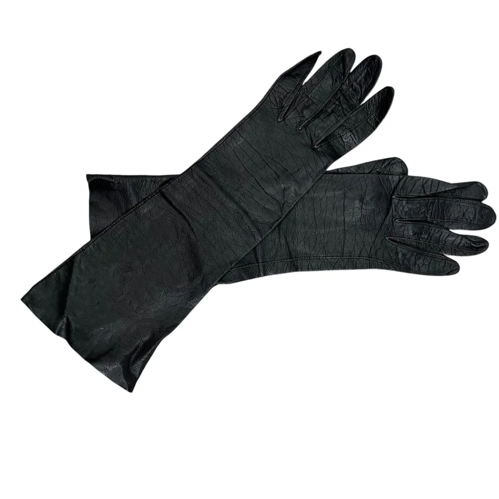 Vintage Made in France kid leather long black 13 inch gloves 6